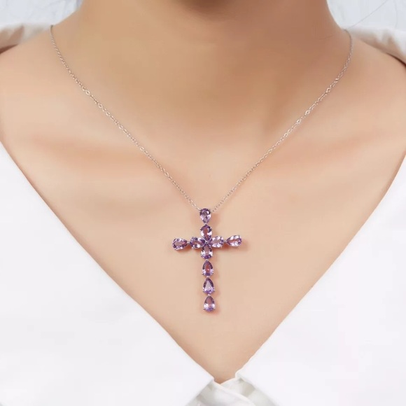New Sterling Silver 925 Purple Crystal Rosary Cross Necklace - Picture 1 of 4
